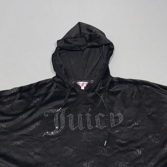Juicy Couture Black Velour Logo Cropped Hoodie Size Medium Y2K Style - Picture 2 of 13